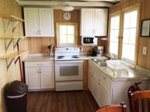 Cabin 2 kitchen with white cabinets and wood-paneled walls