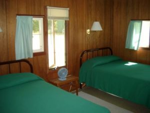 Cabin bedroom with two twin beds and wood-paneled walls