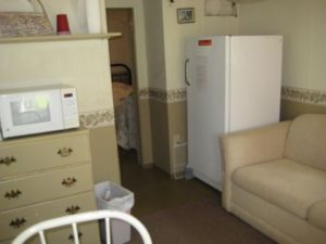 Cabin kitchenette and sitting area