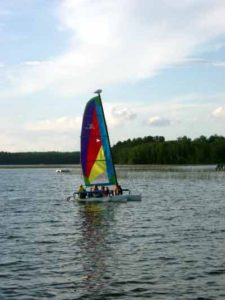 Colorful sailboat on Wabana Lake