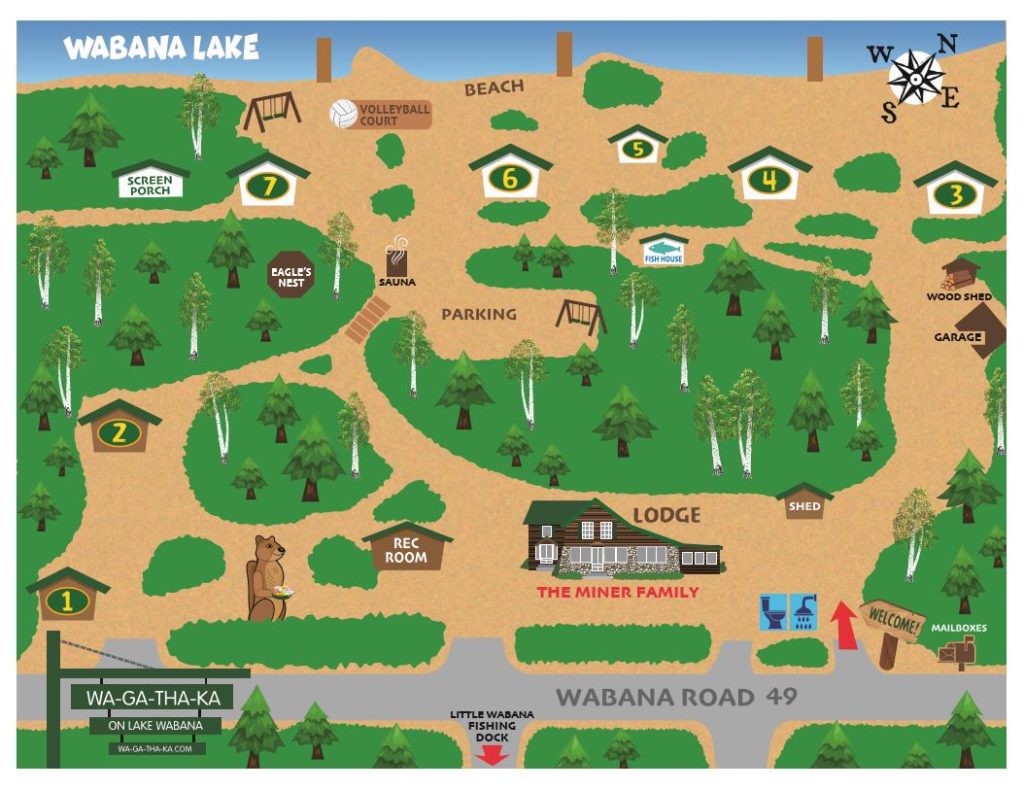 Illustrated property map showing cabin locations at WA‑GA‑THA‑KA Resort