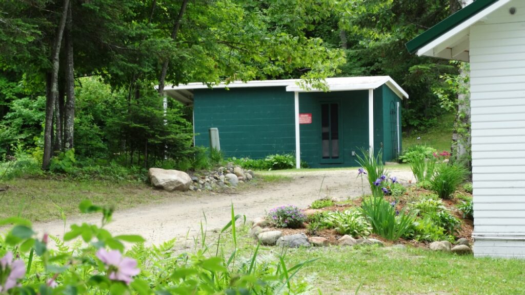 Wood-fire sauna building among trees and flowers