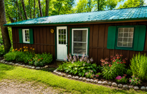 Exterior of Cabin 1 with green shutters and a flower garden
